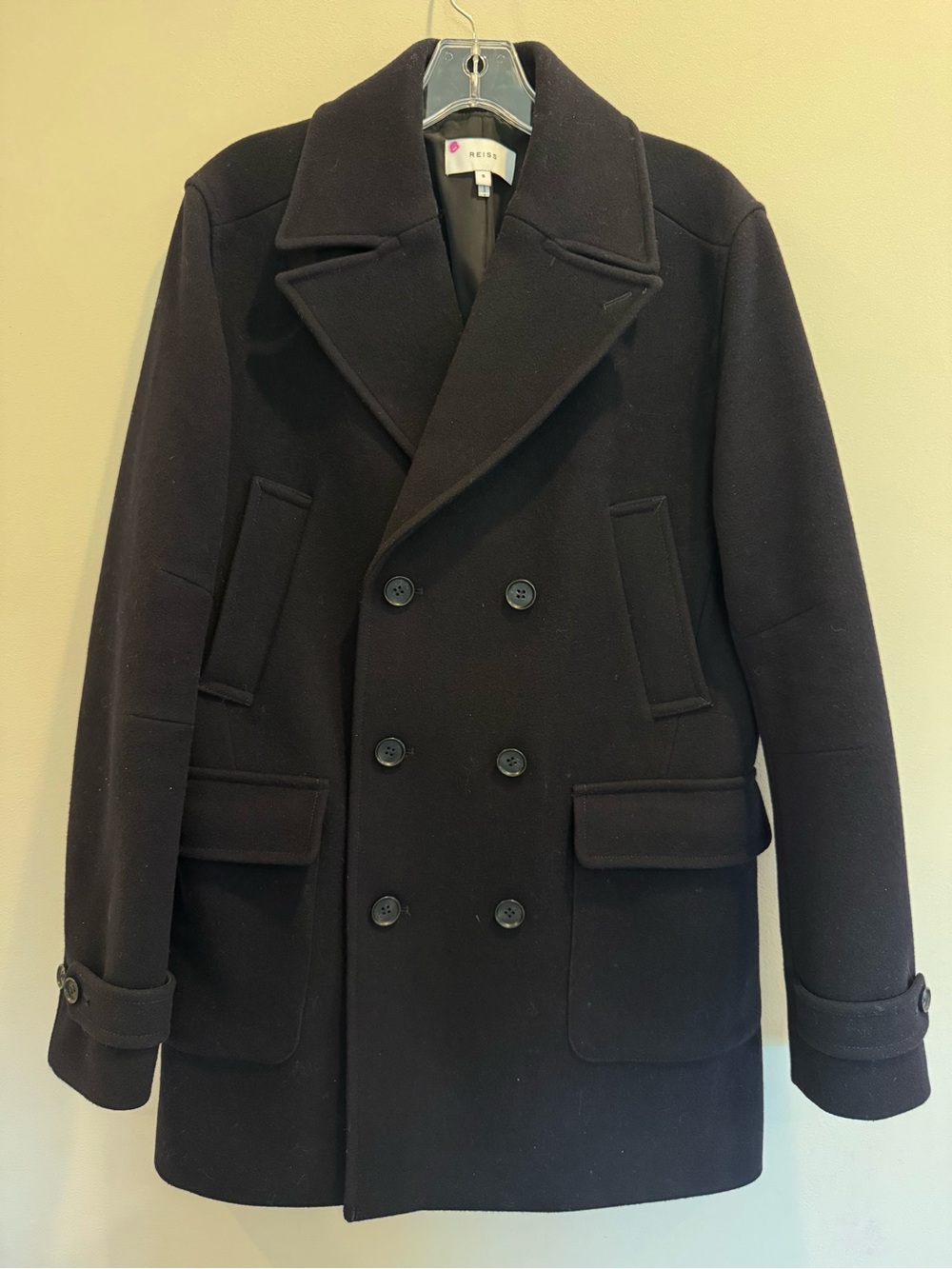 Reiss Men's Navy Blue Double-Breasted Wool Peacoat, Size Small